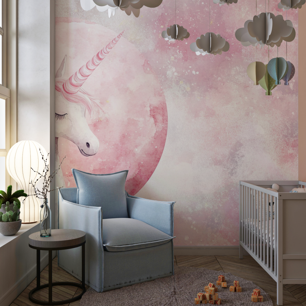 Papel de parede de decoração de unicórnio para quarto de adolescentes Lua cor-de-rosa | Murais Papel de parede