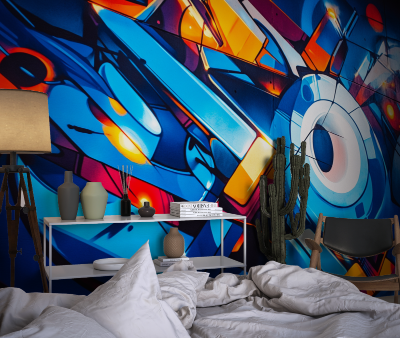 Blaues Electro-Graffiti-Tapetenmuster | Murals Wallpaper