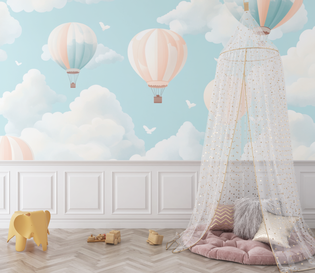 Hot Air Balloon and Butterfly-Shaped Clouds Wallpaper | Murals Wallpaper