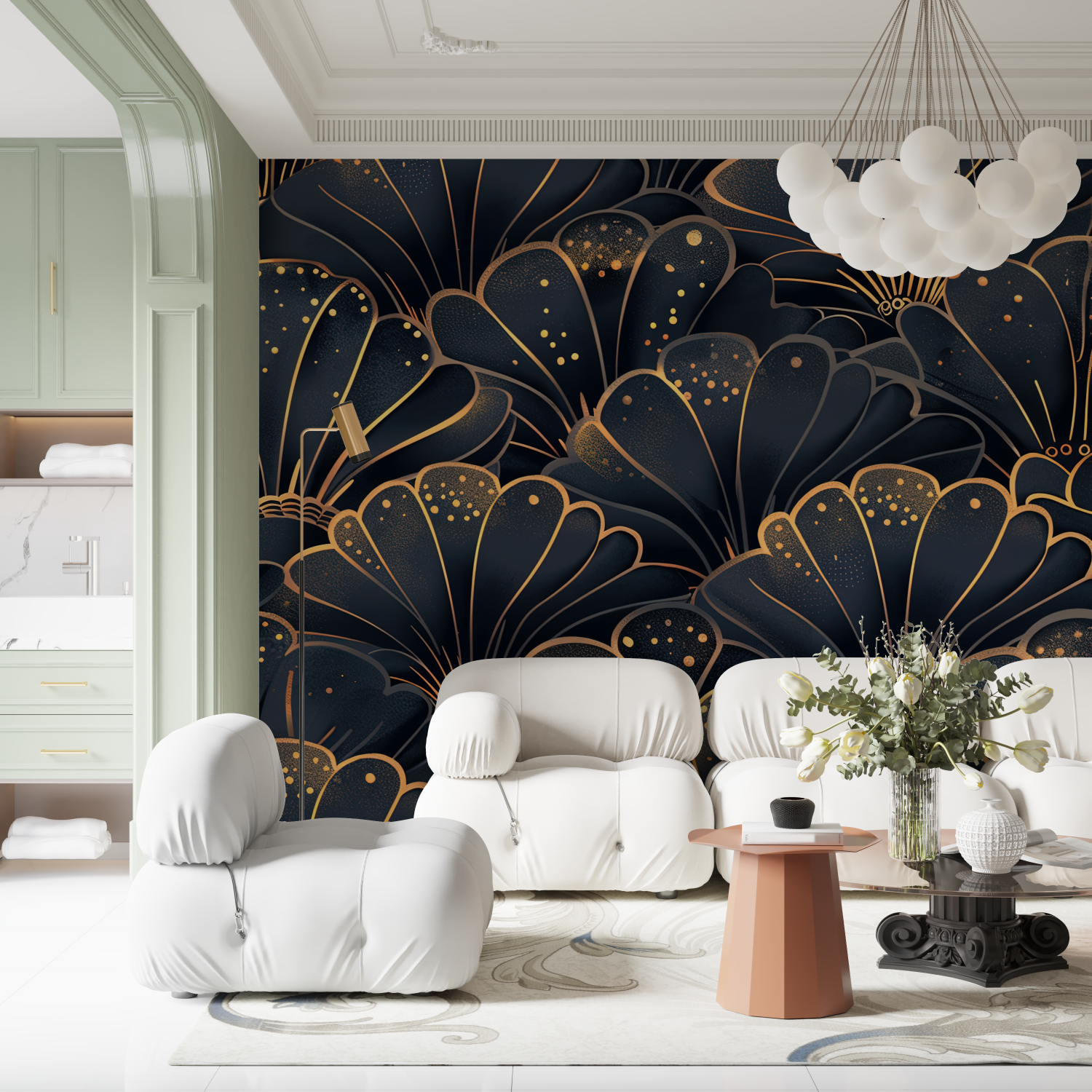 Art Deco Shells Blue and Gold Wallpaper | Murals Wallpaper