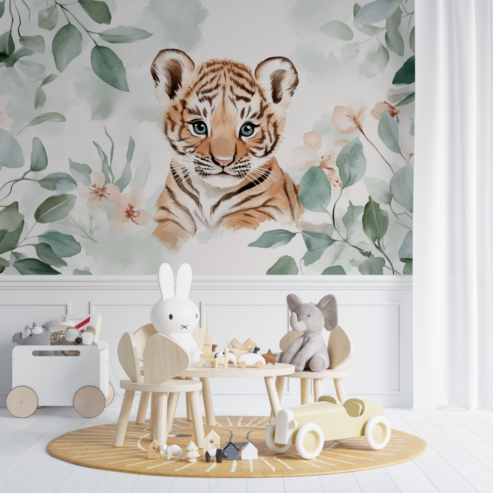 Tiger and Eucalyptus Leaves Wallpaper | Murals Wallpaper
