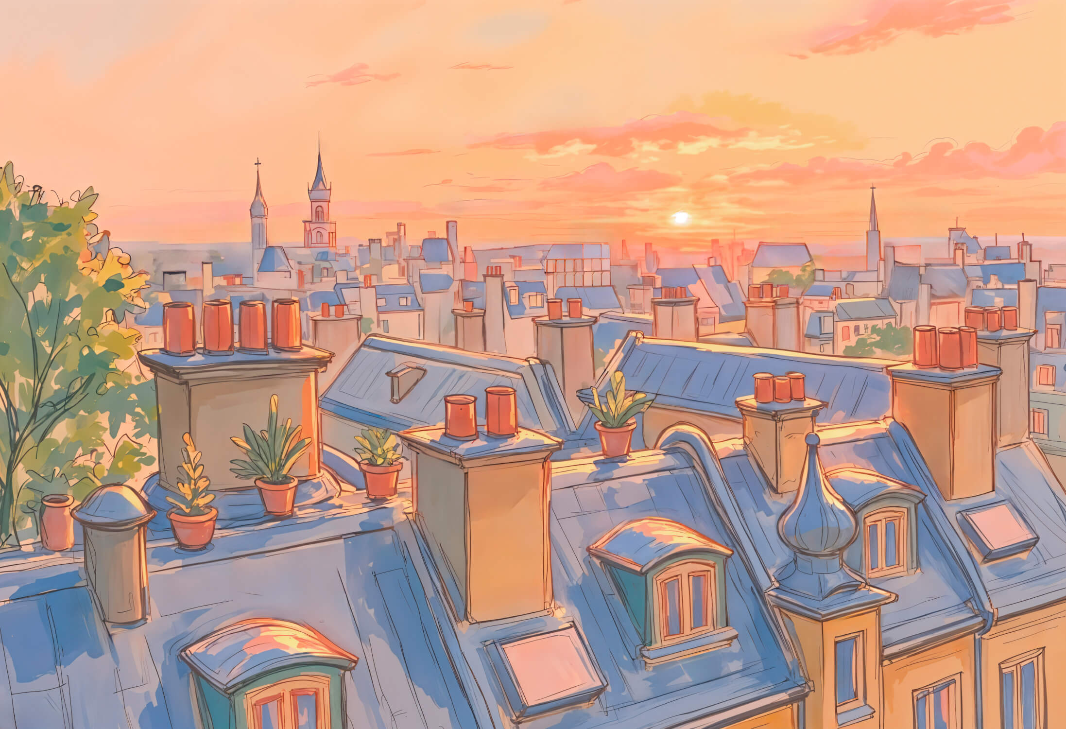 Watercolor Wallpaper Paris Rooftops | Murals Wallpaper