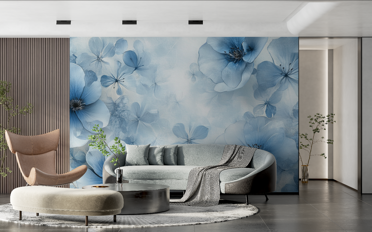 Papel Pintado Acuarela Flotando Flores Azules | Murales de Papel Pintado