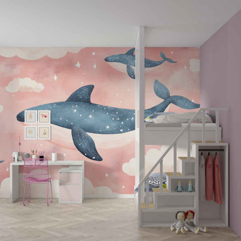 Classic Girl Wallpaper Pink Clouds and Whale | Murals Wallpaper