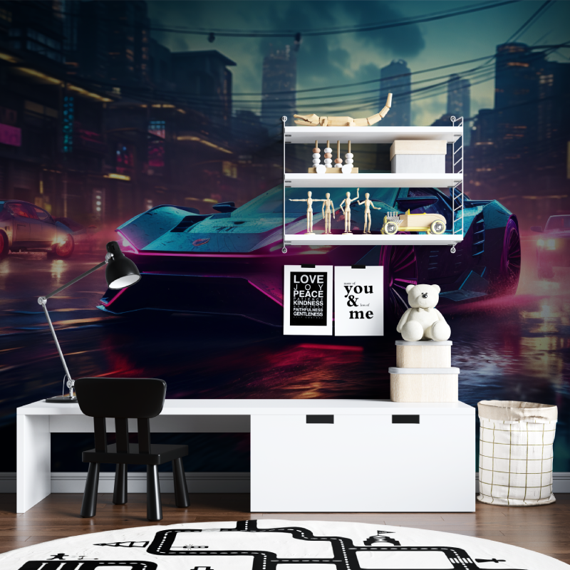 Neon-Sportwagen-Tapete | Wandbildtapete