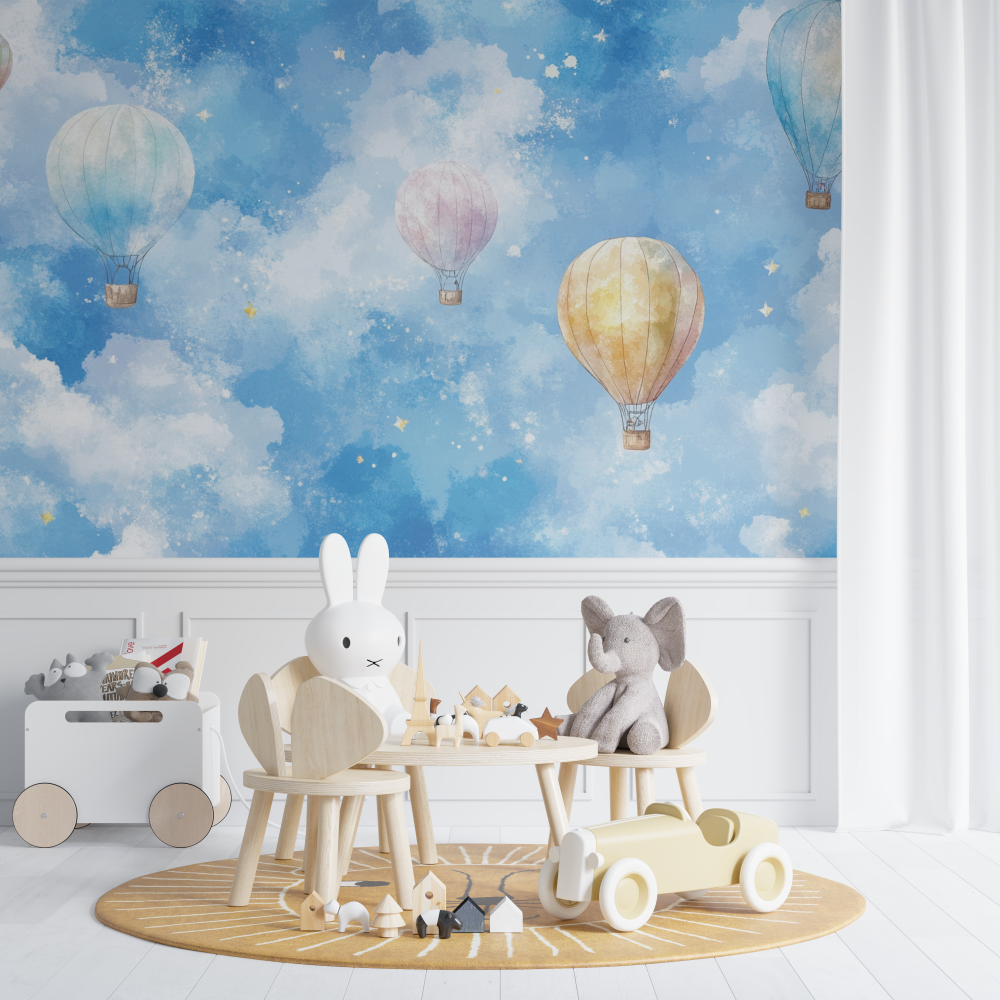 Heißluftballon und silberne Sterne Tapete | Wandbilder Tapete