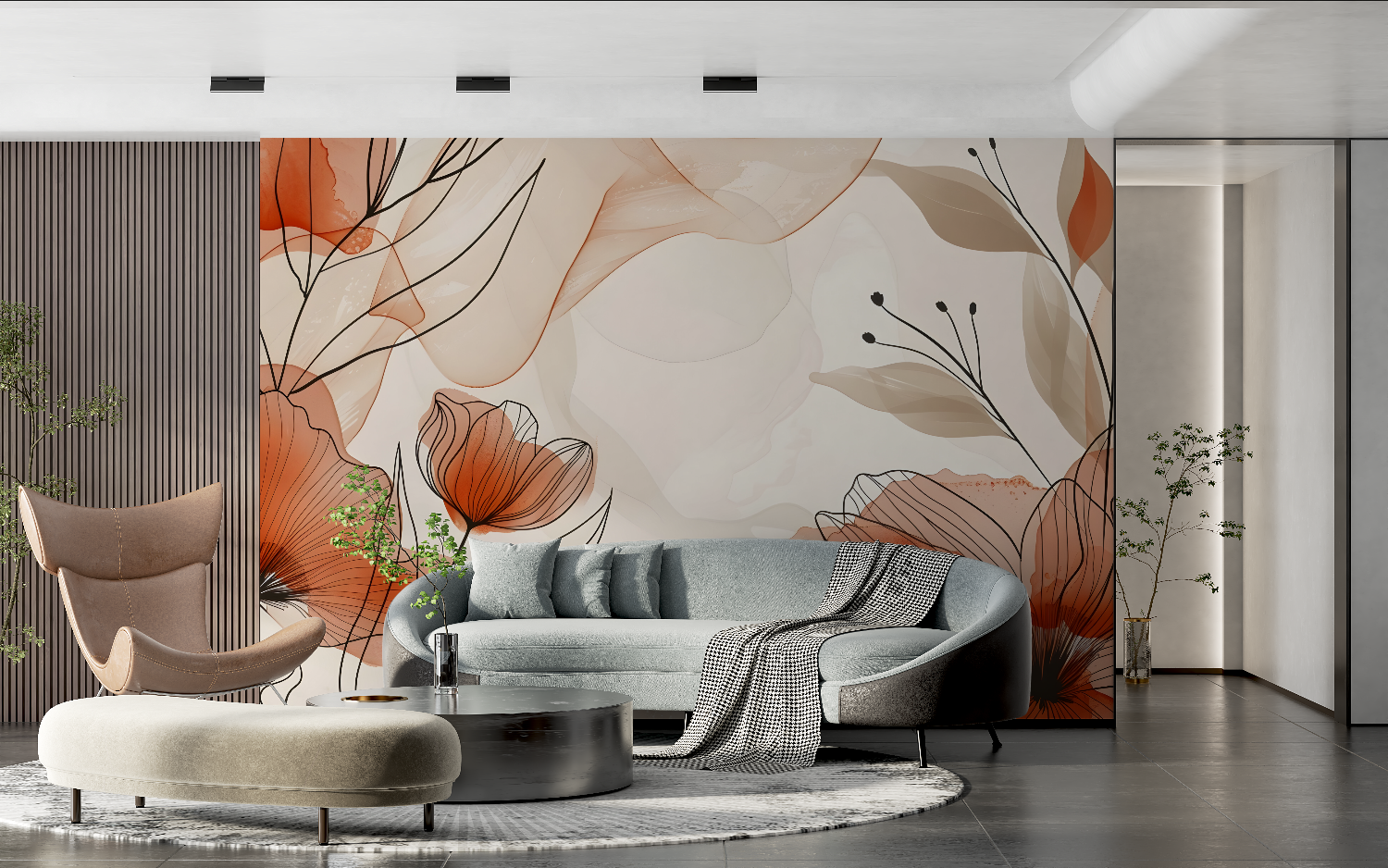 Flower Lines Terracotta Mural Wallpaper