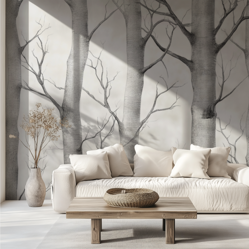 Gray and White Tree Wallpaper | Murals Wallpaper