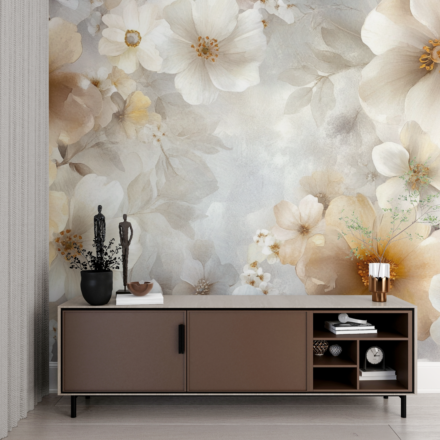 Papel de parede elegante e delicado da flor da aguarela | Papel de parede dos murais