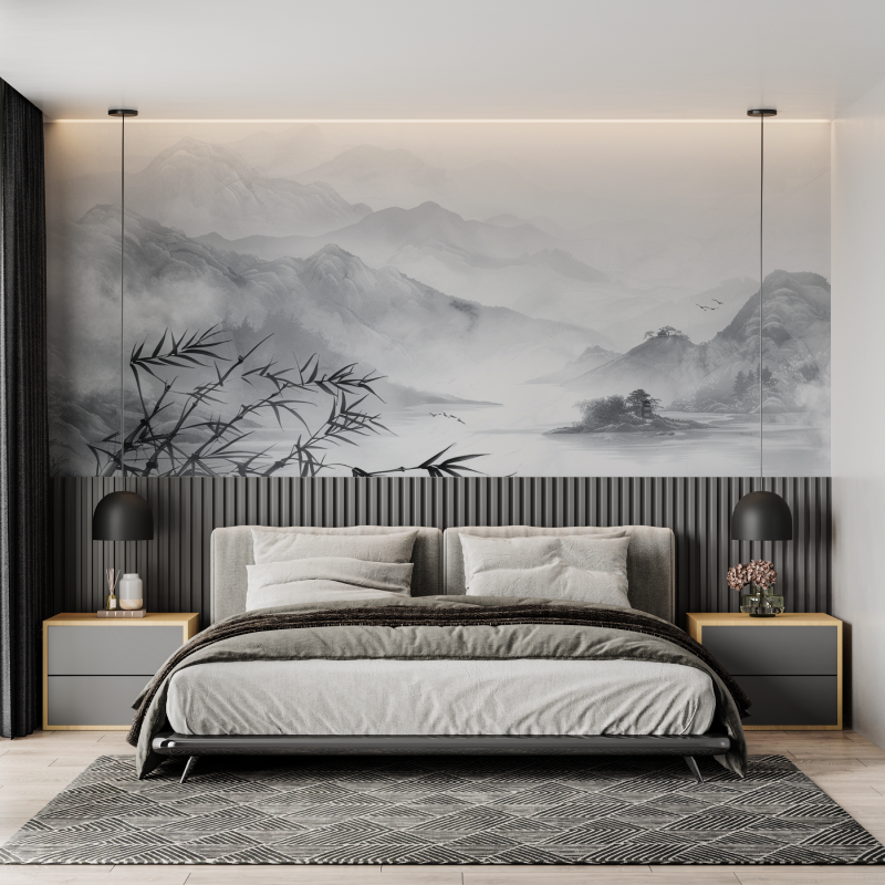 Künstlerische Bergtapete Annecy Grau | Wandtapete
