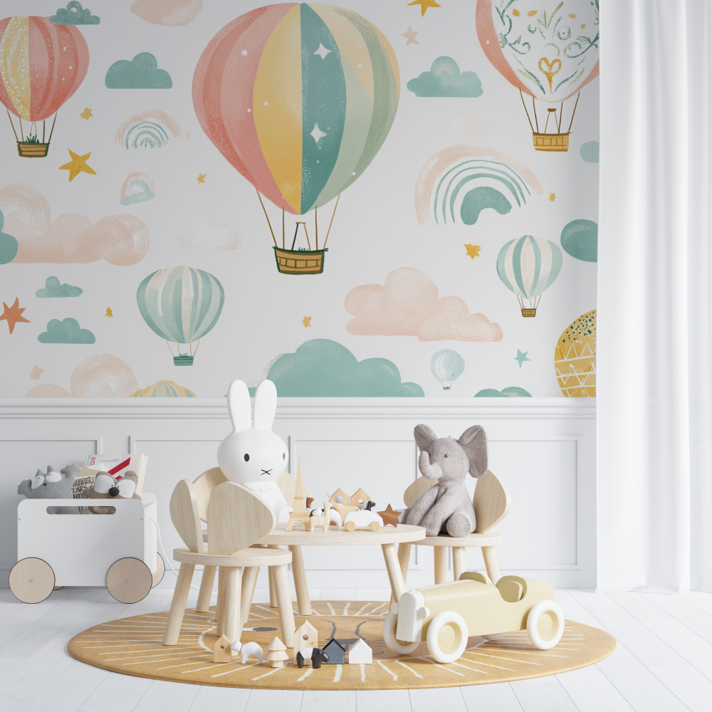 Hot Air Balloon and Rainbow Soft Wallpaper | Murals Wallpaper