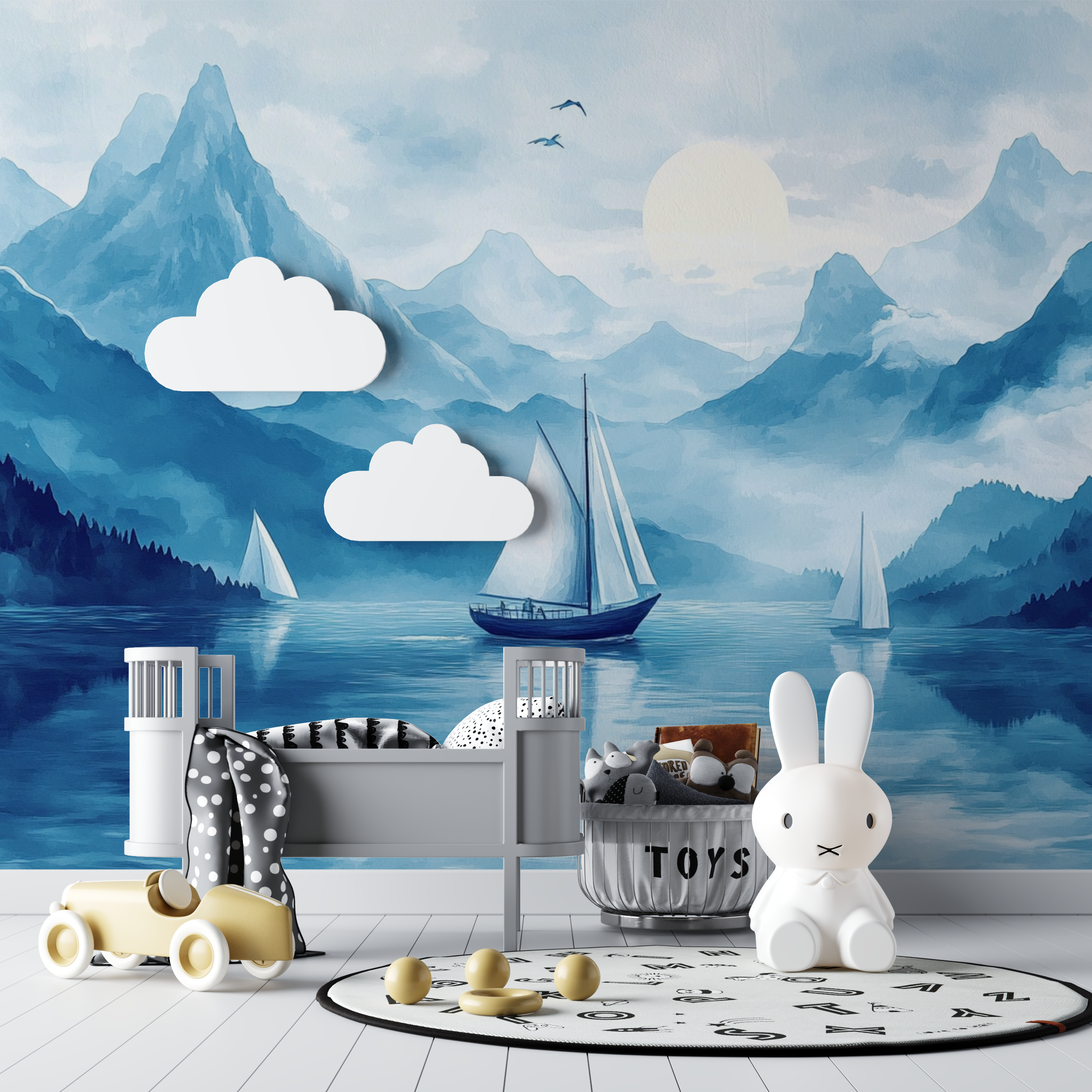 Segelboot- und Berg-Tapete | Wandtapete
