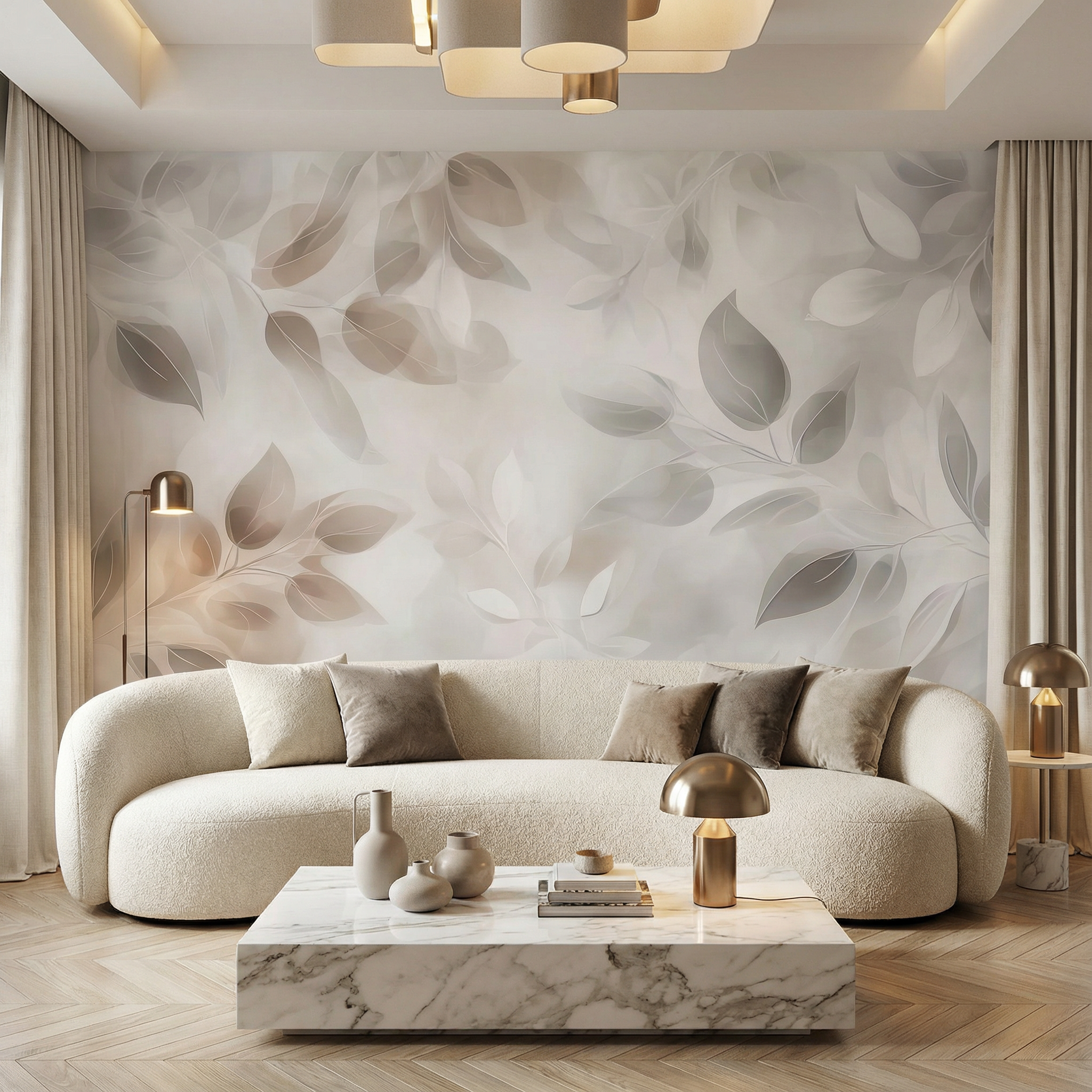 Neutral Serenity Leaves Mural Wallpaper
