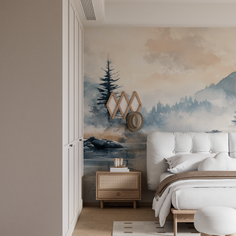 Tapetenwandgemälde „Paint Aquarell Paysage Hivernal“.