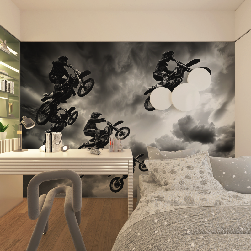 3D Black and White Motocross Wallpaper | Murals Wallpaper