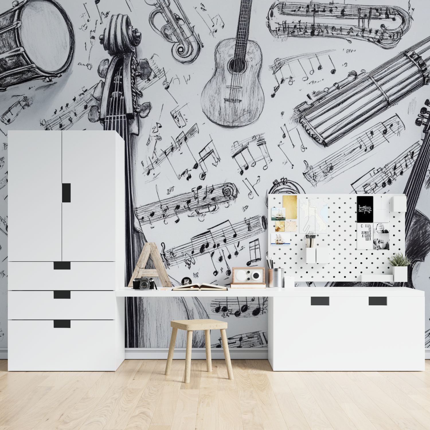 Instrumente-Tapete in Schwarz-Weiß | Wandbild-Tapete