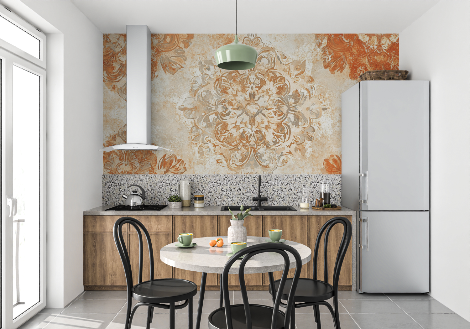 Terracotta Wallpaper with Golden Scrolls | Murals Wallpaper