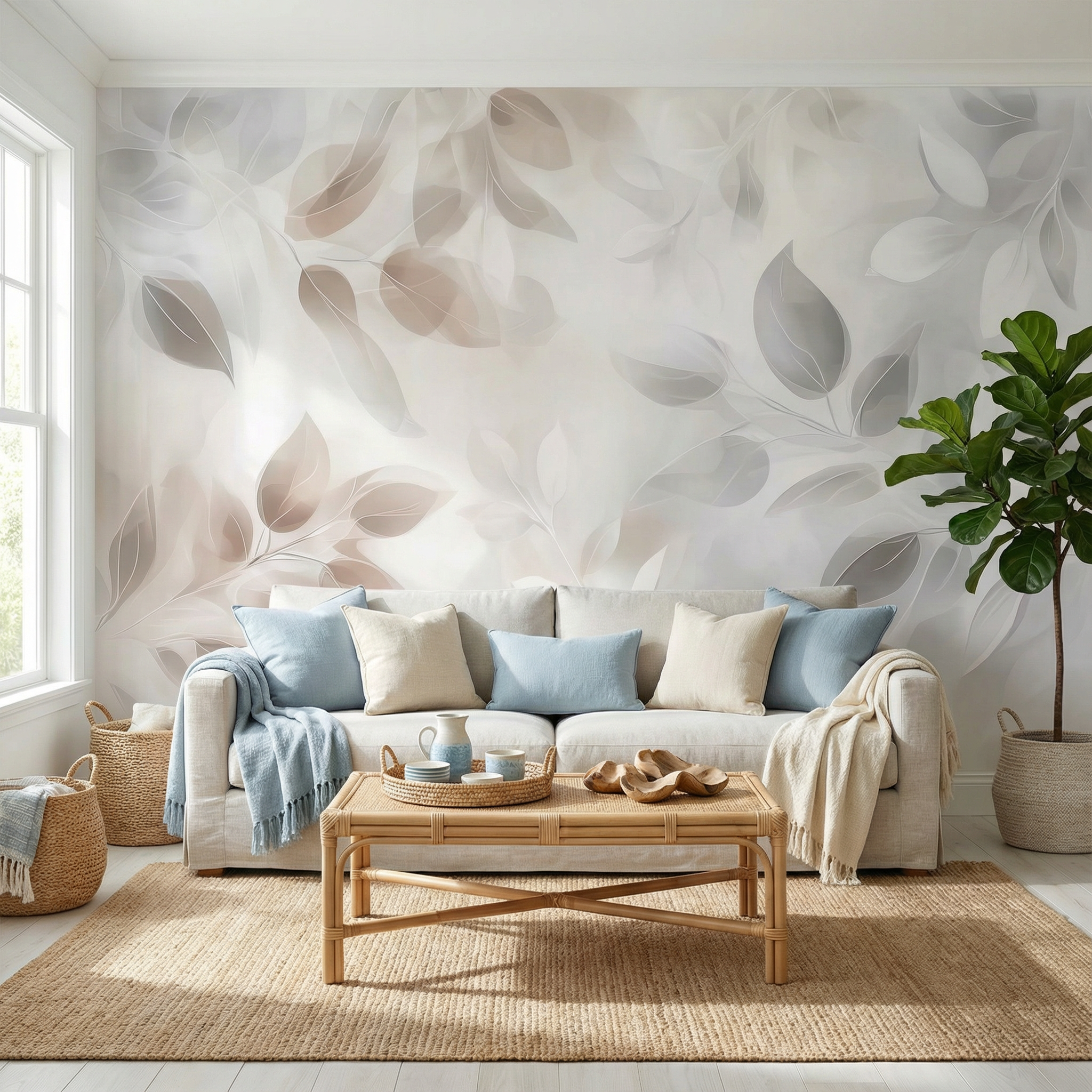 Neutral Serenity Leaves Mural Wallpaper