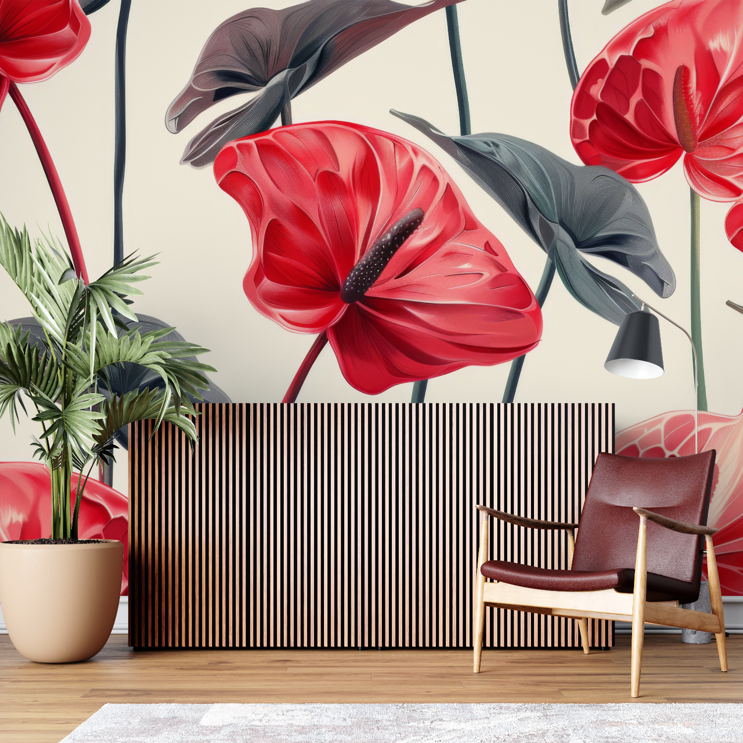 Gray Red Floral Wallpaper | Murals Wallpaper