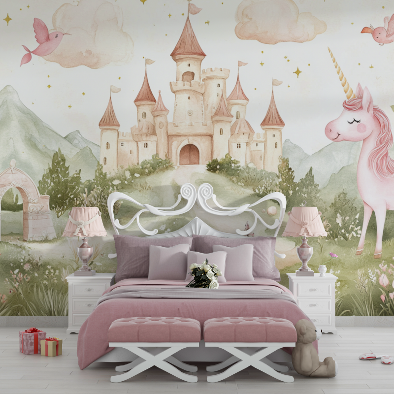 Unicorn Room Wallpaper with Castle and Rainbow Decor | Murals Wallpaper