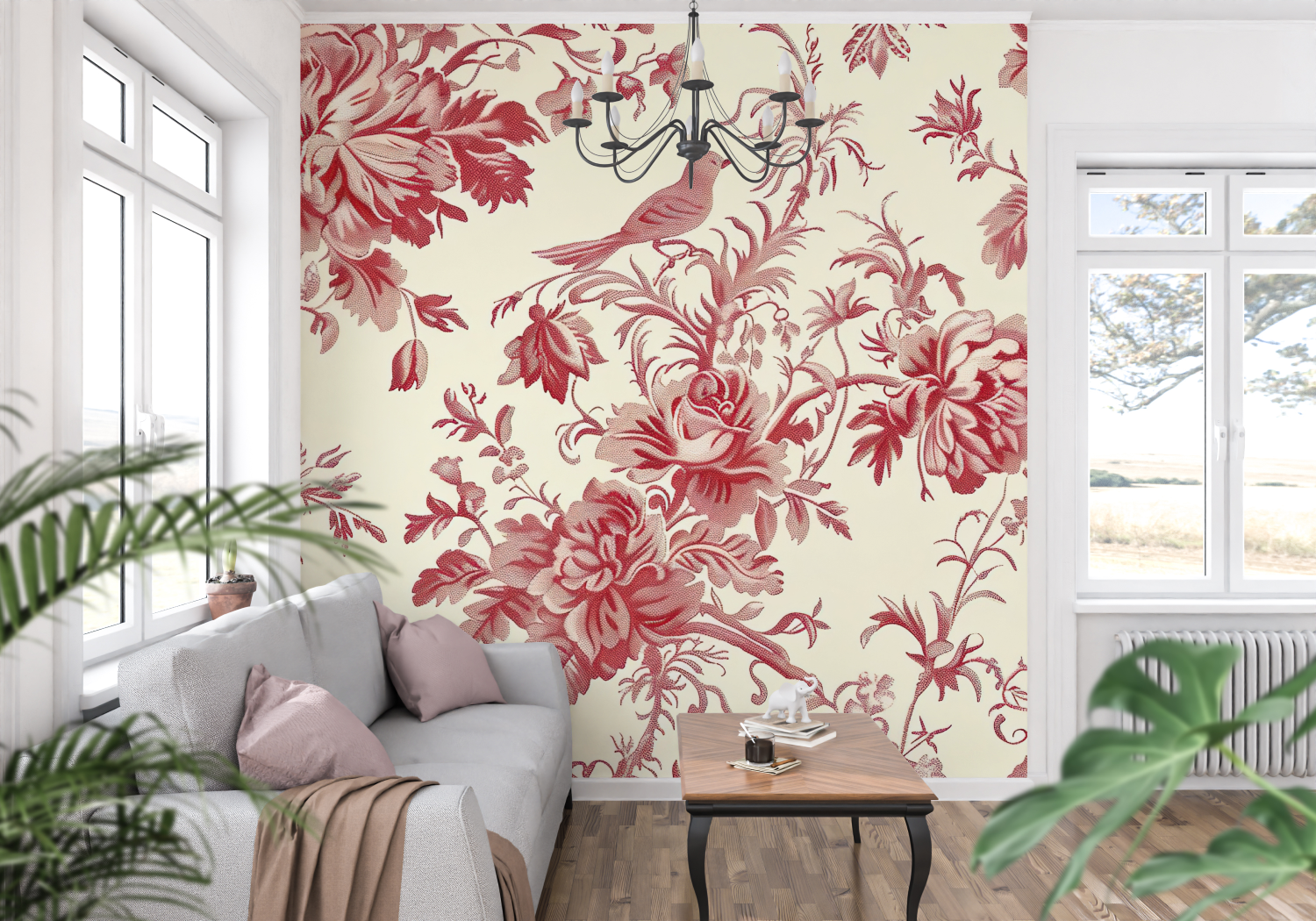 Red Toile De Jouy Bird Wallpaper | Murals Wallpaper