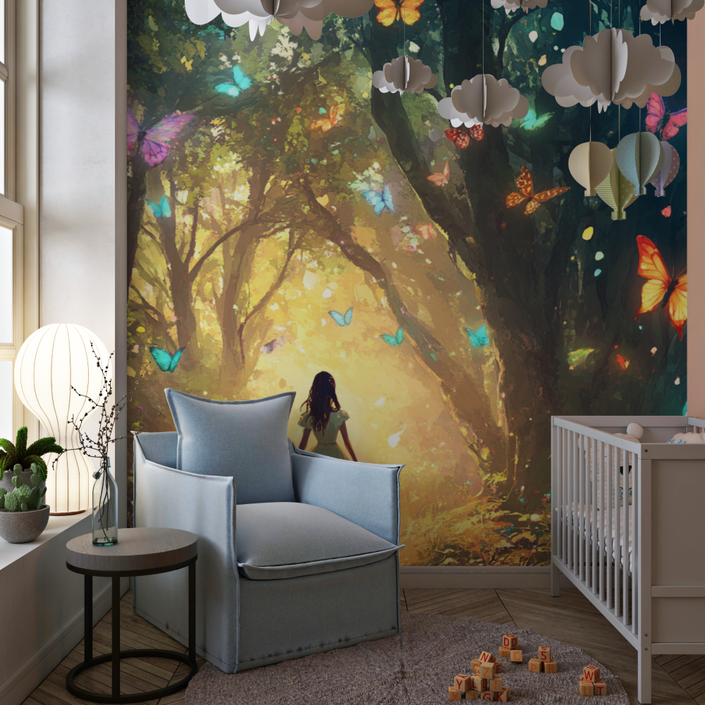 Buntes Papier für eine Prinzessin und Papillons für ein Mädchen im Kinderzimmer