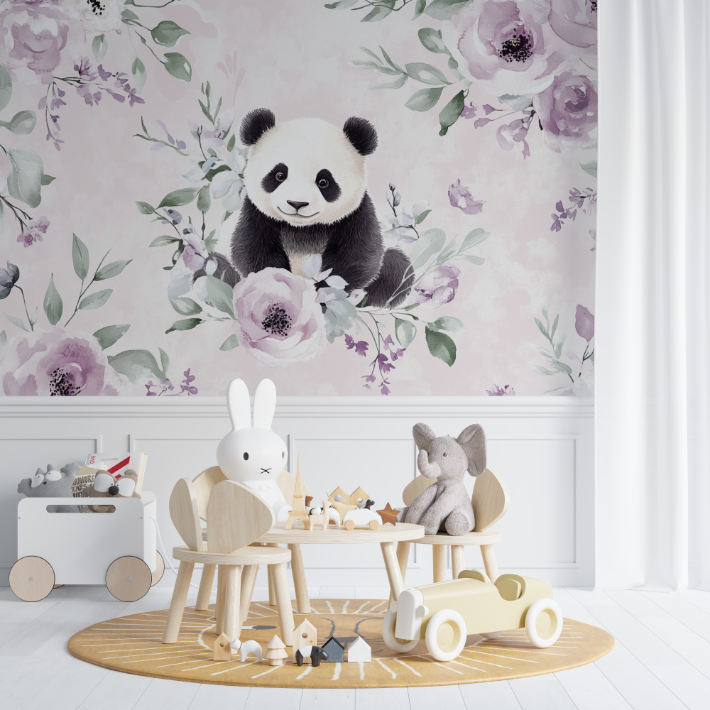Panda and Delicate Flowers Wallpaper | Murals Wallpaper