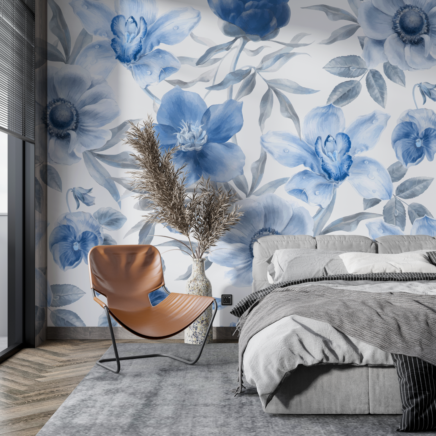 Papier Peint Floral Bleu – Panorama 4 Murs