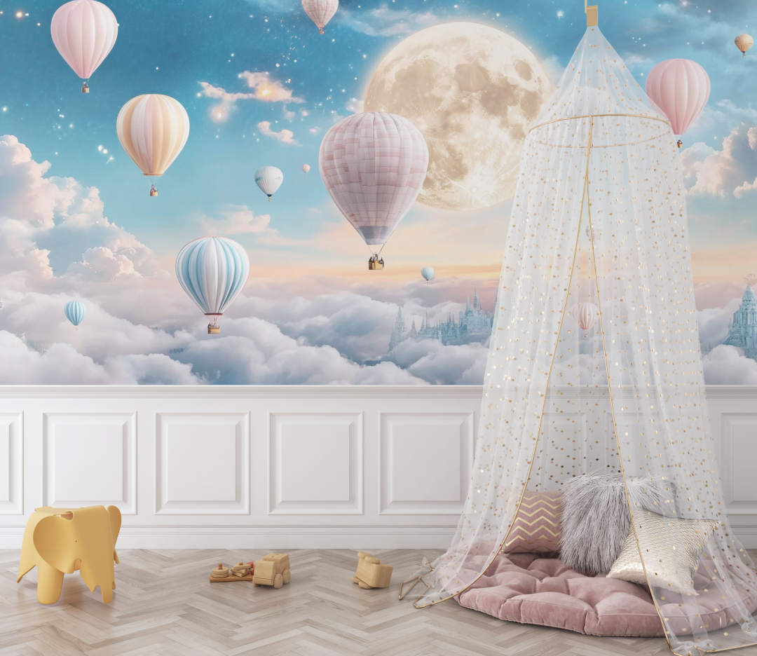 Hot Air Balloon and Luminous Moon Wallpaper | Murals Wallpaper