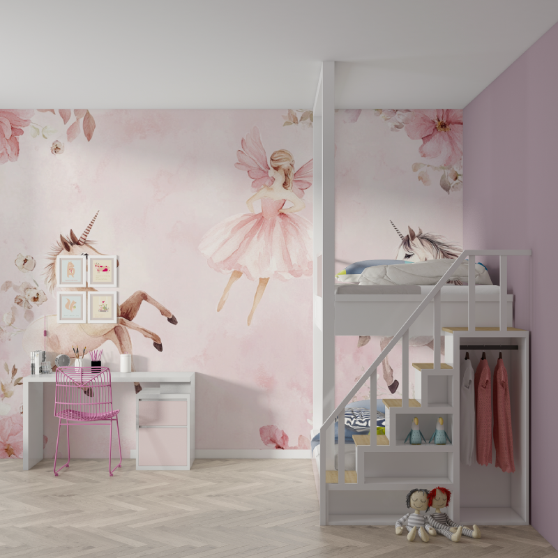 Papel de parede Unicorn Ballerina Pink para o quarto das raparigas | Murais Papel de parede