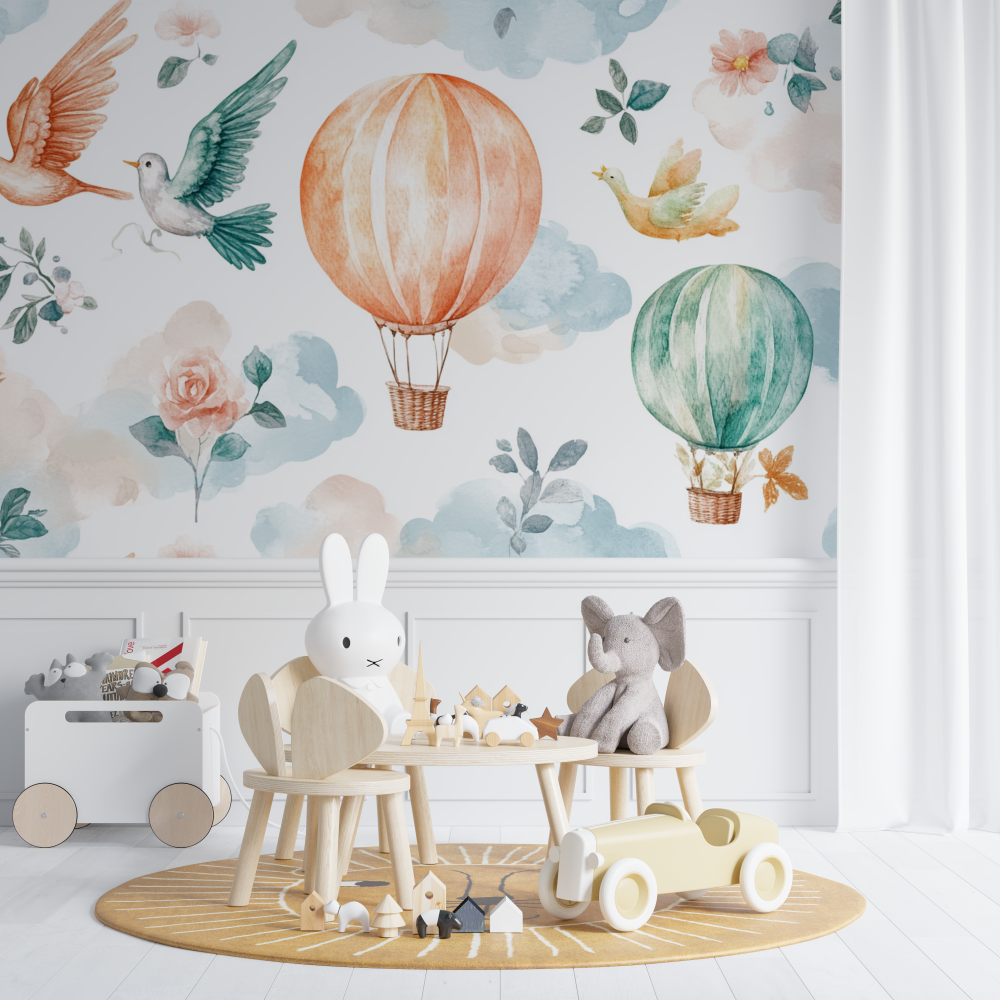 Hot Air Balloon and Exotic Birds Wallpaper | Murals Wallpaper