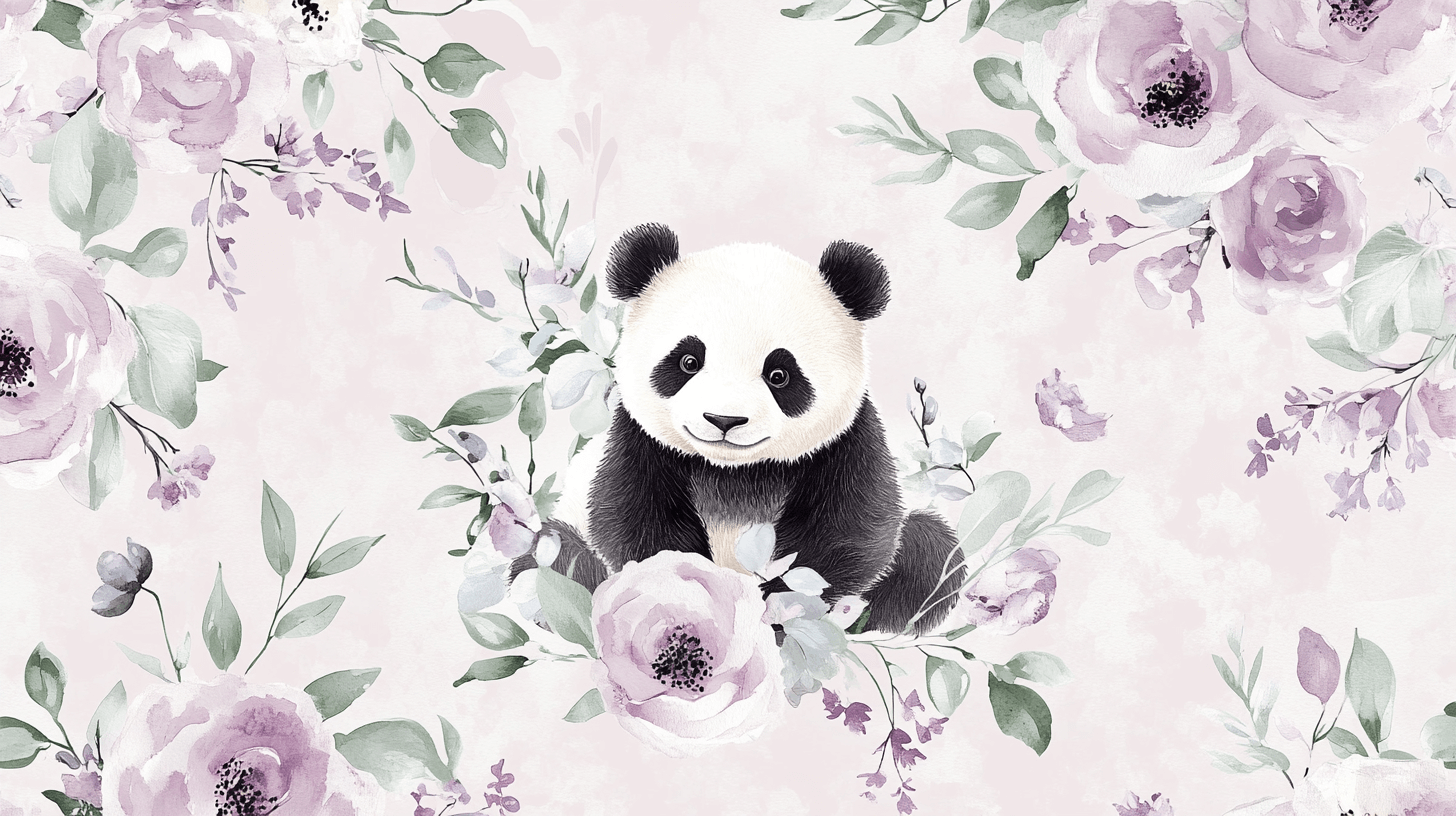 Panda and Delicate Flowers Wallpaper | Murals Wallpaper