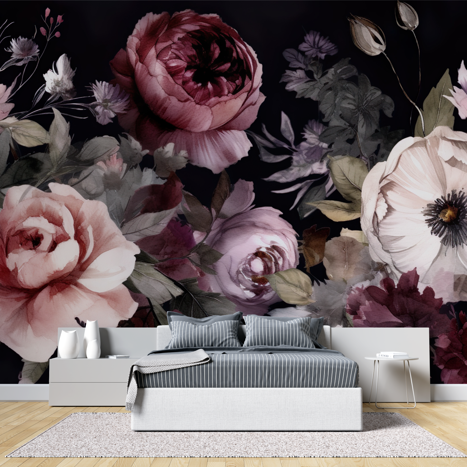 Papier Peint Grosses Fleurs Fond Noir - Salon