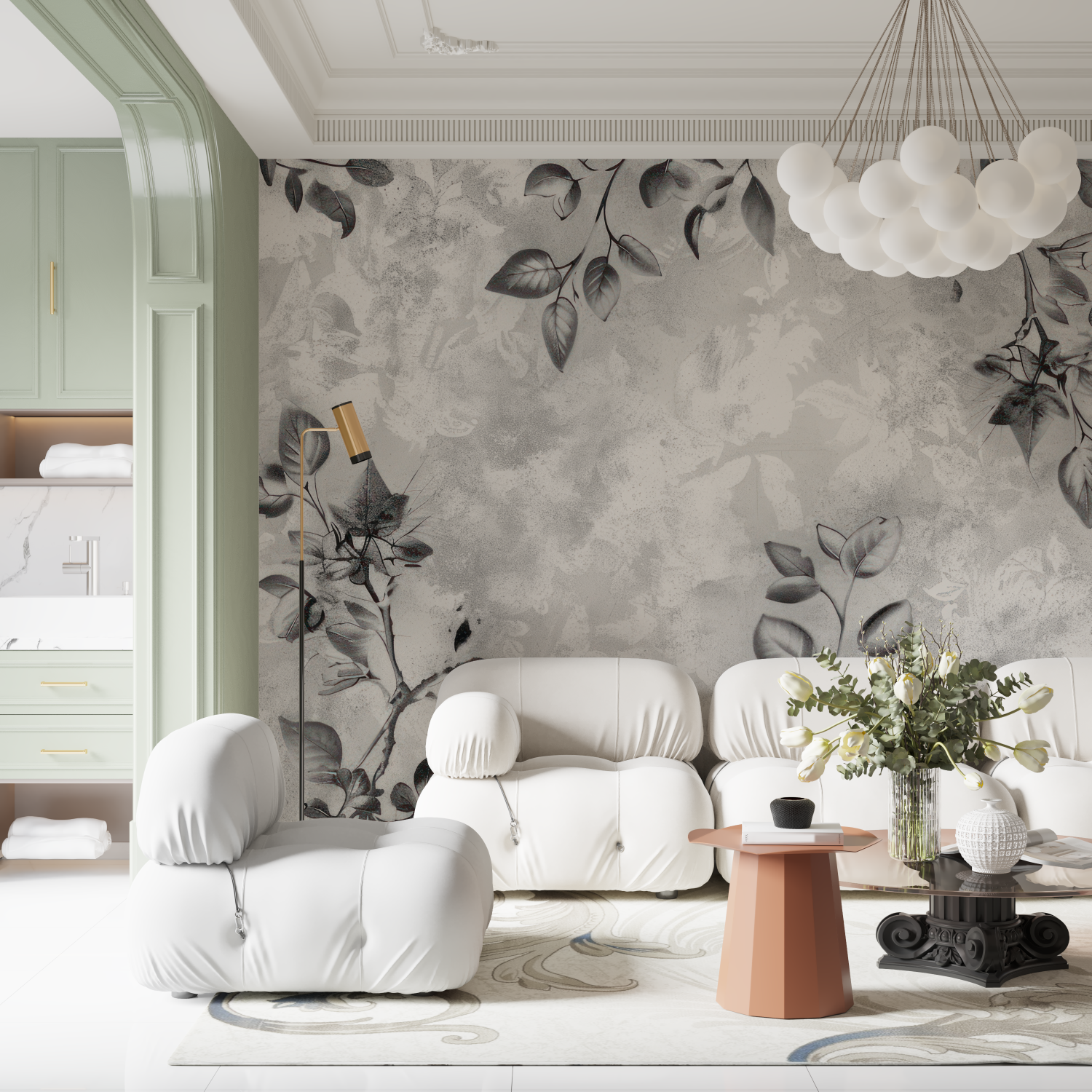 Gray and White Floral Wallpaper | Murals Wallpaper