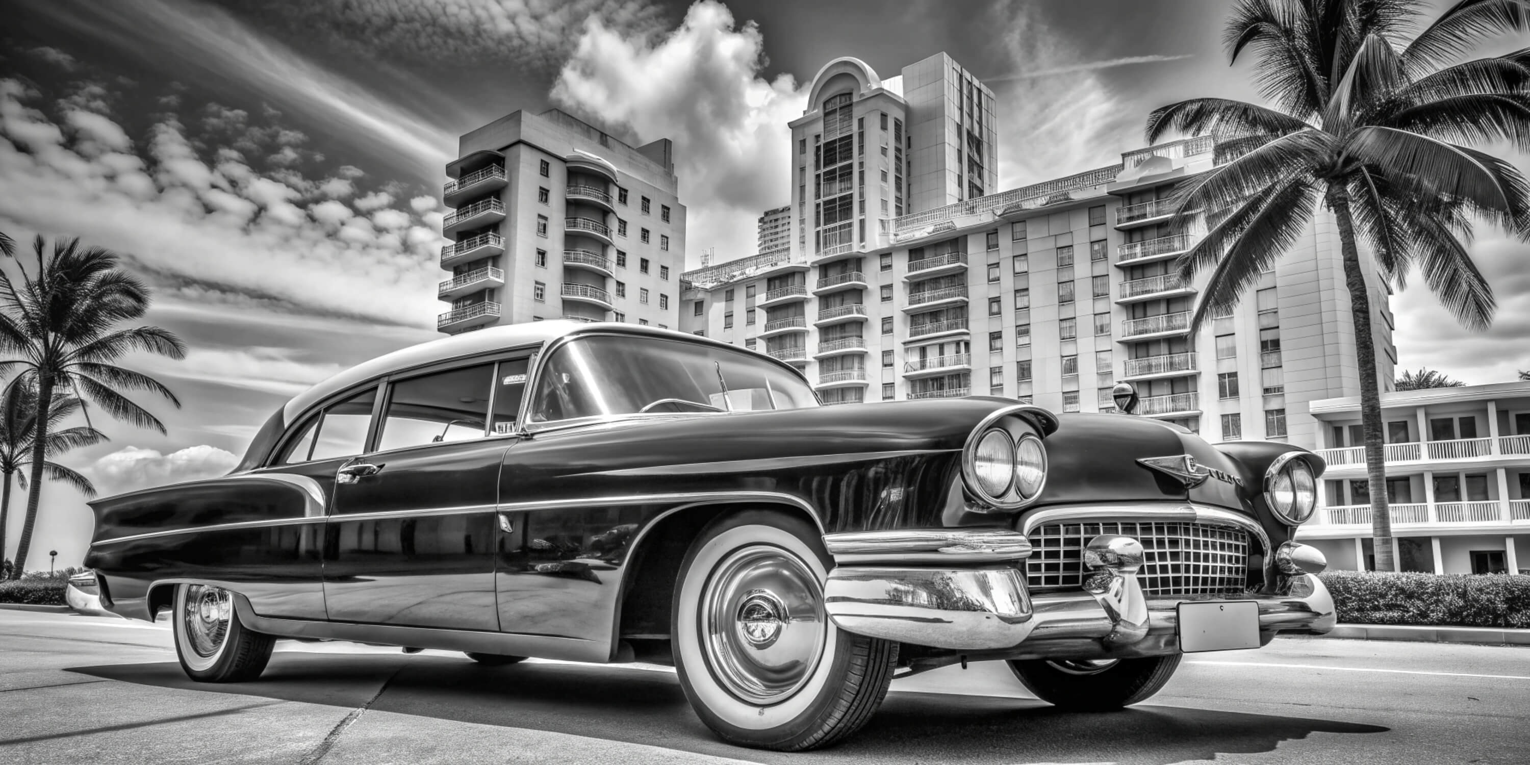 Black and White Vintage Miami Car Wallpaper | Murals Wallpaper