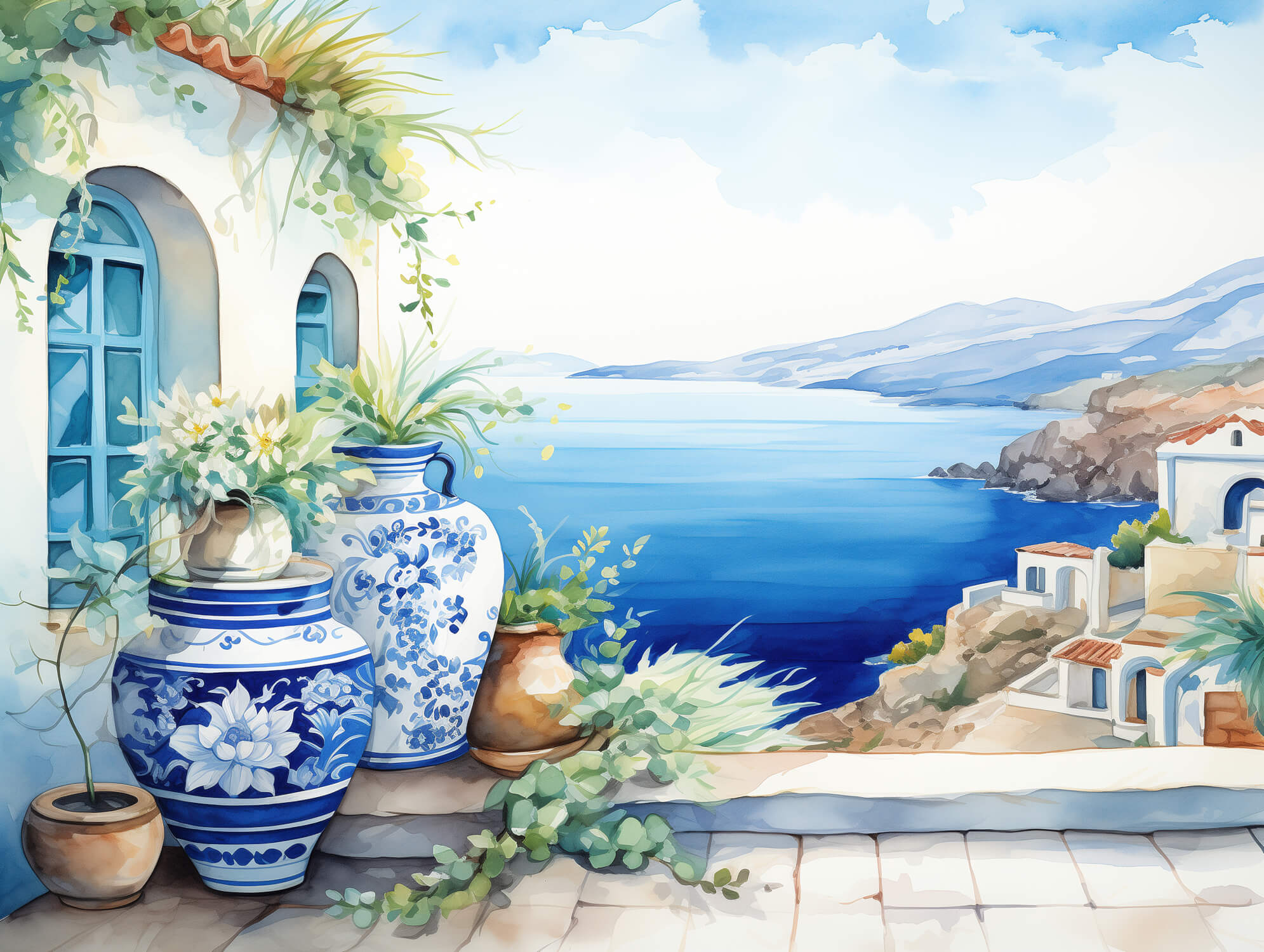 Watercolor Landscape Greece Wallpaper | Murals Wallpaper