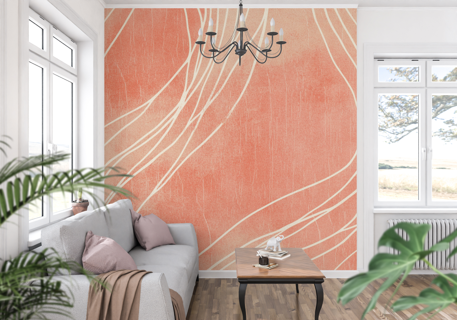 Terracotta and Beige Linear Wallpaper | Murals Wallpaper