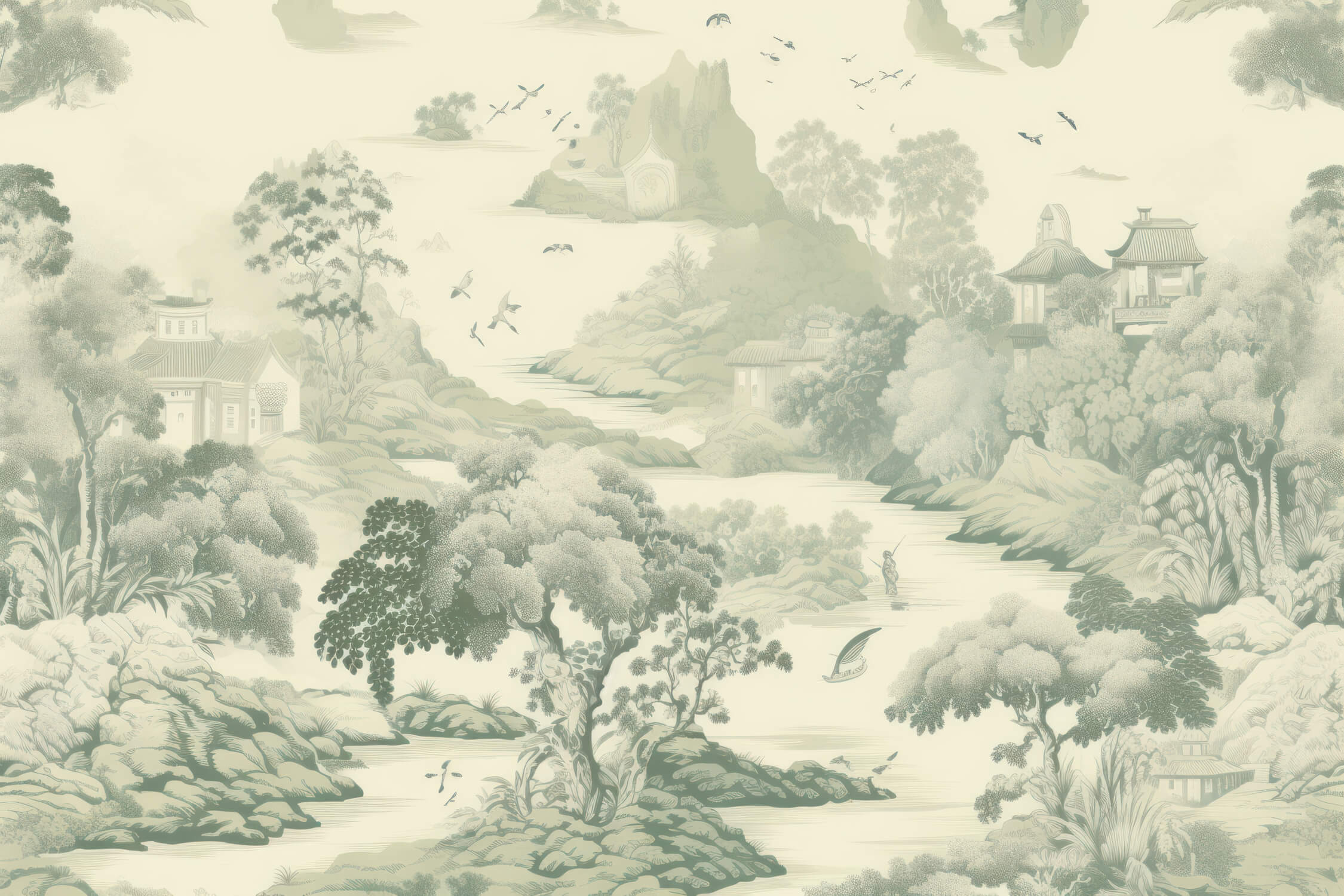 Toile De Jouy Green Forest Wallpaper | Murals Wallpaper