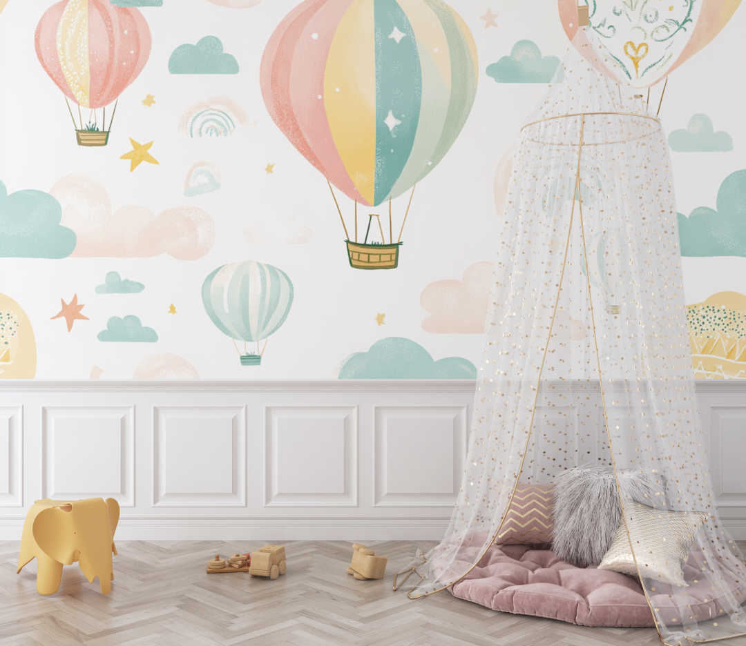 Hot Air Balloon and Rainbow Soft Wallpaper | Murals Wallpaper