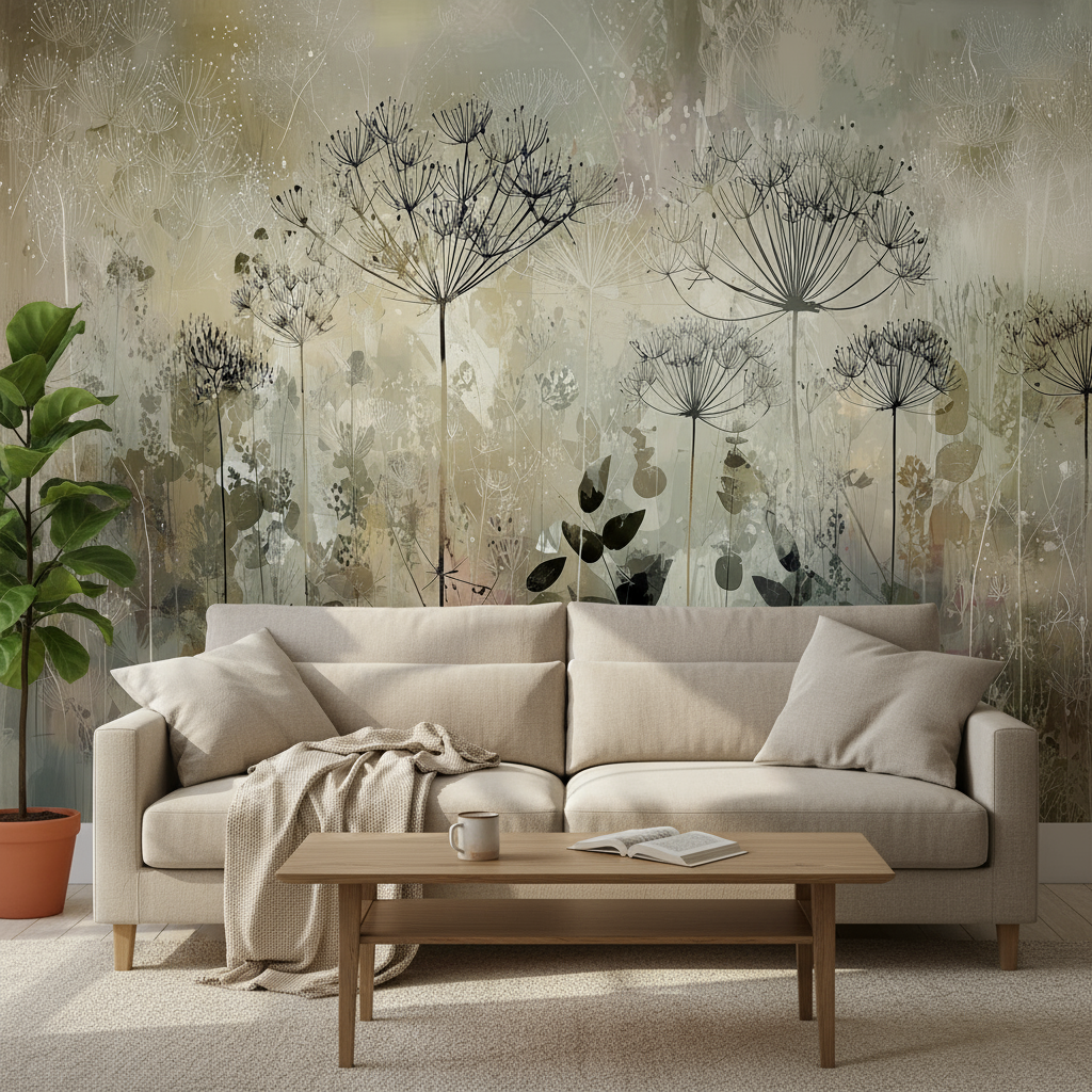 Delicate Botanical Meadow Illustration Mural Wallpaper