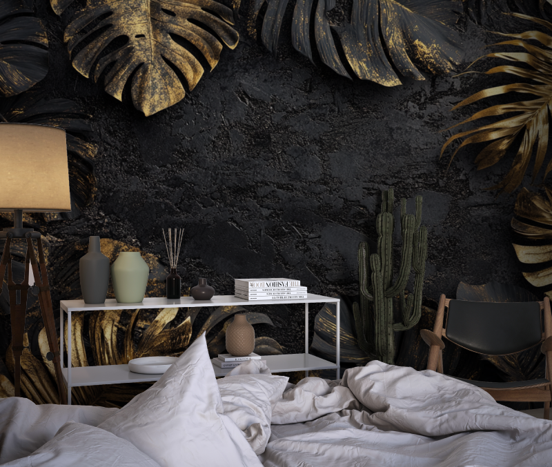 Schwarzes und goldenes Blatt Wandtapete für Teens | Wandbilder Tapete