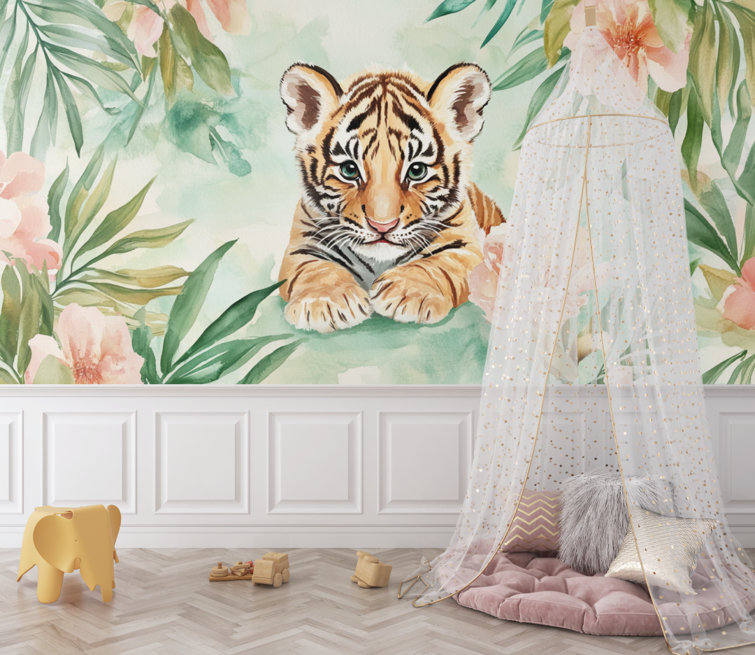 Tiger and Leaf Watercolor Wallpaper | Murals Wallpaper