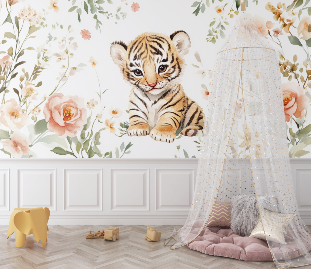 Tiger- und Wildblumen-Tapete | Wandbildtapete