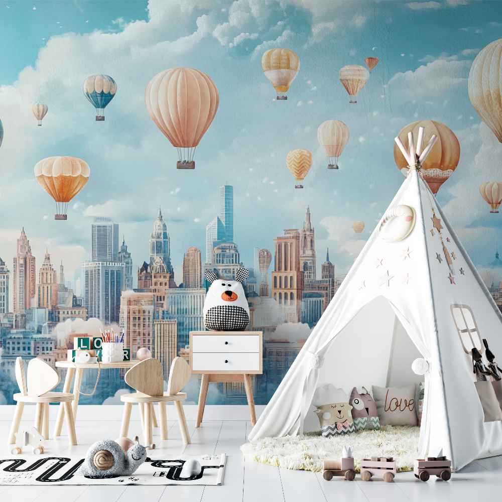 Hot Air Balloon and Stylized Urban Landscapes Wallpaper | Murals Wallpaper