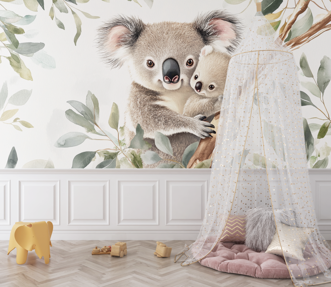 Koala Wallpaper Cuddled Up Against Its Mom | Murals Wallpaper