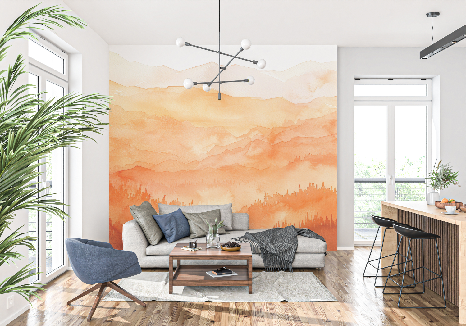 Landschaftstapete in Orange | Wandtapete