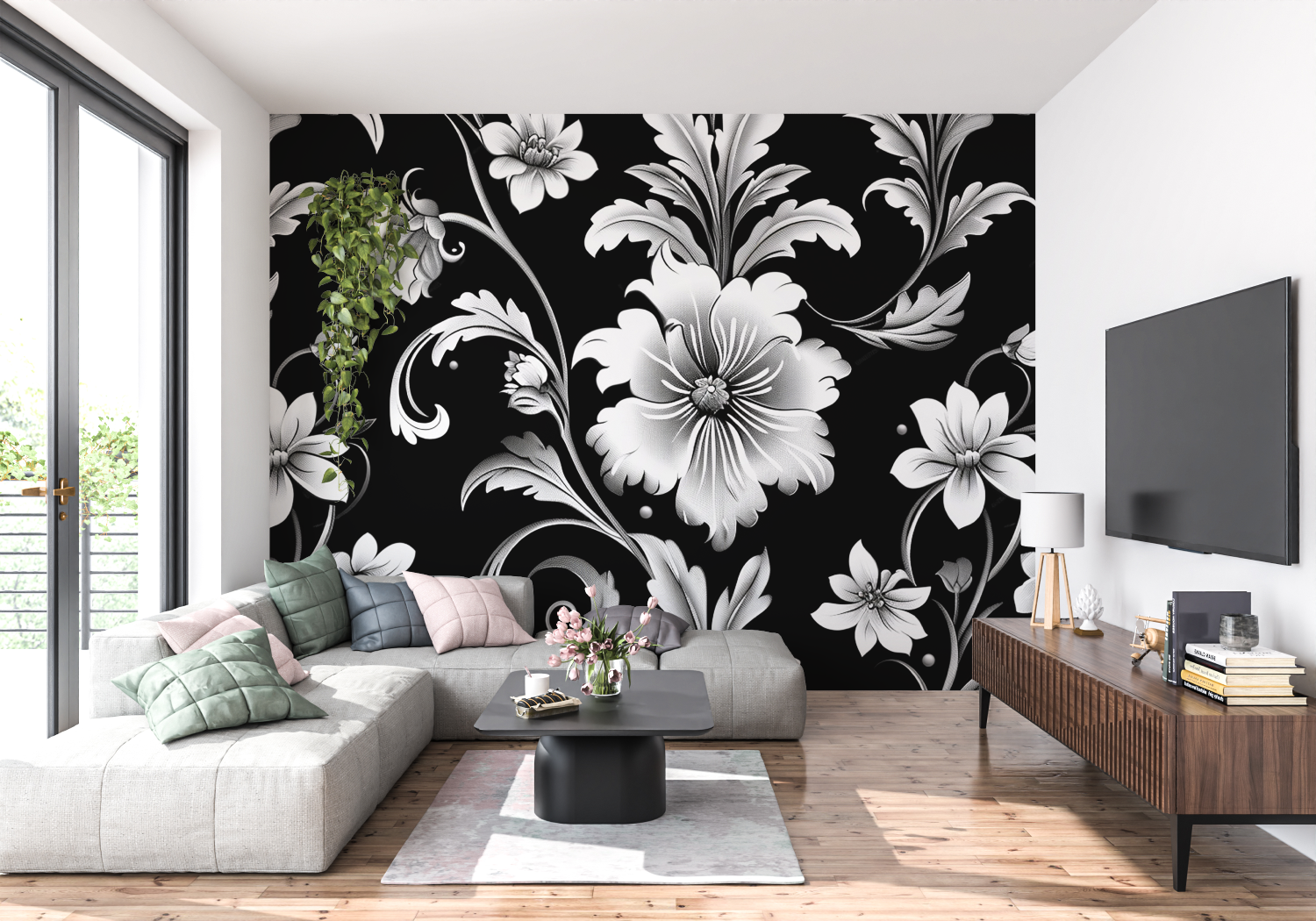Schwarze Blumentapete | Wandtapete