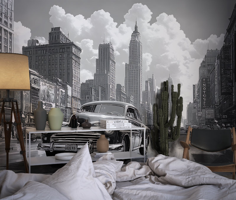 Black and White Retro Car Wallpaper | Murals Wallpaper