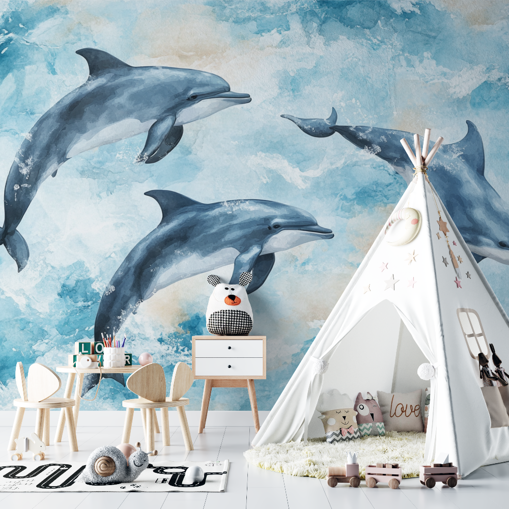 Happy Dolphin Watercolor Marine Wallpaper | Murals Wallpaper