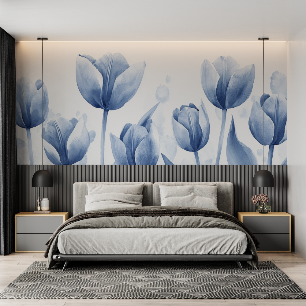 Papel de parede Tulipas Azuis Aquarela | Murais Papel de parede